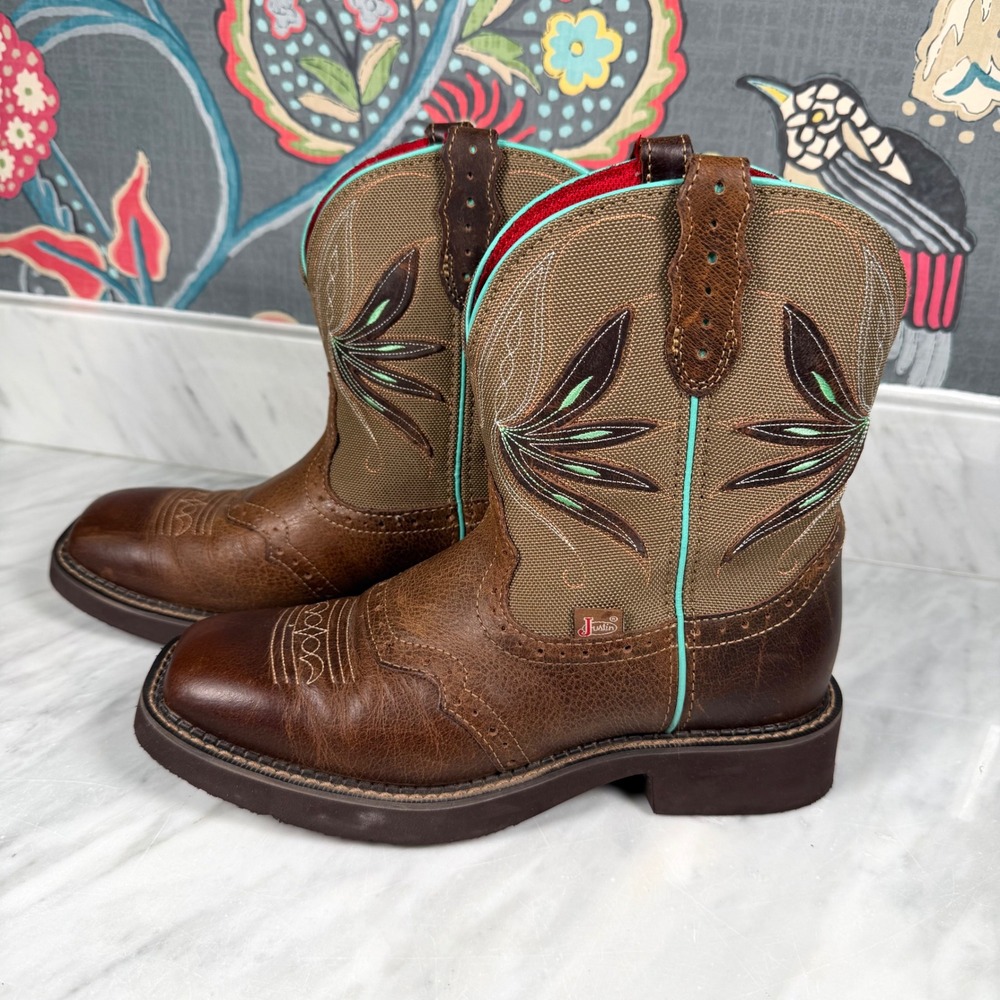 Justin Gypsy Womens Western Boots L9536 Brown Leather Canvas Square Toe Size 9B